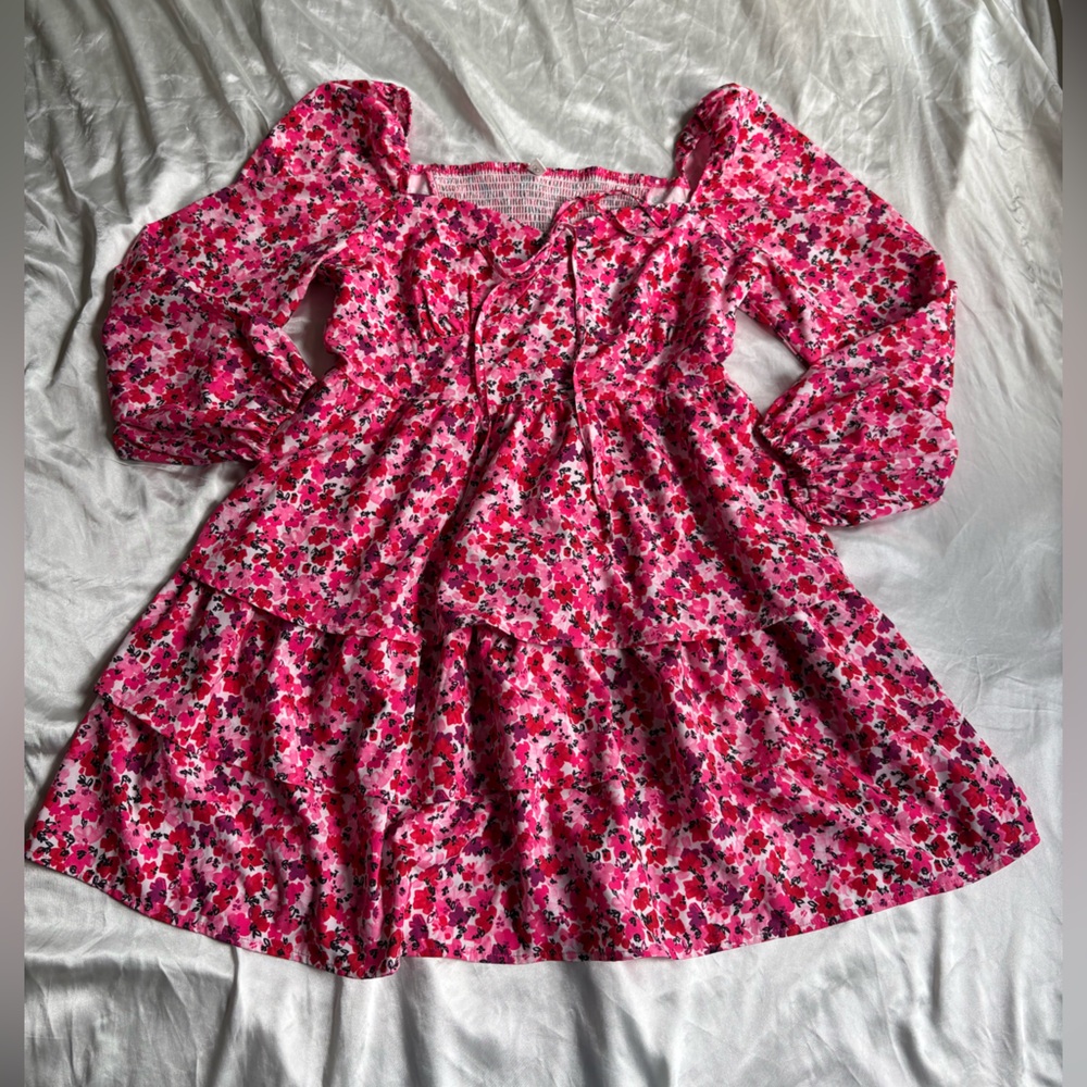 Zexxxy Pink and White Floral Long Sleeve Tiered Mini Dress Junior XL